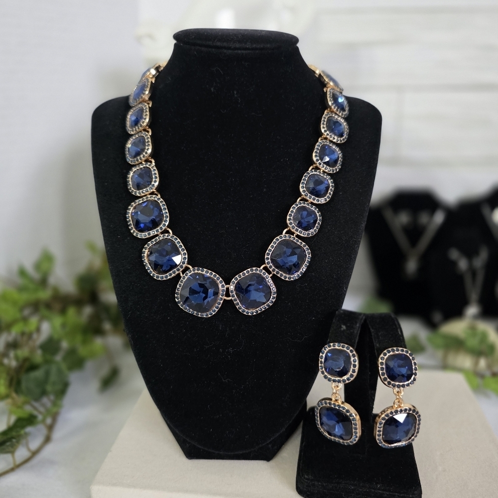 Statement Gold and Navy Blue Cushion Gem Collar Necklace and Earrings Set
